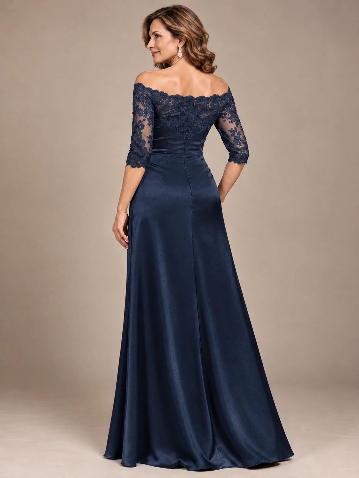 Satin Mother of the Bride Dress with Lace Sleeves Off Shoulder Formal Gown