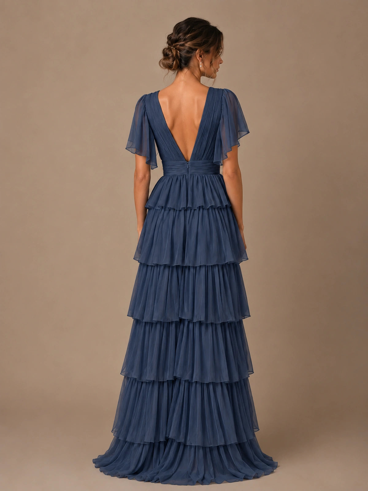 Chiffon V-Neck Tiered Ruffle Bridesmaid Dress with Slit
