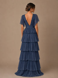 Chiffon V-Neck Tiered Ruffle Bridesmaid Dress with Slit