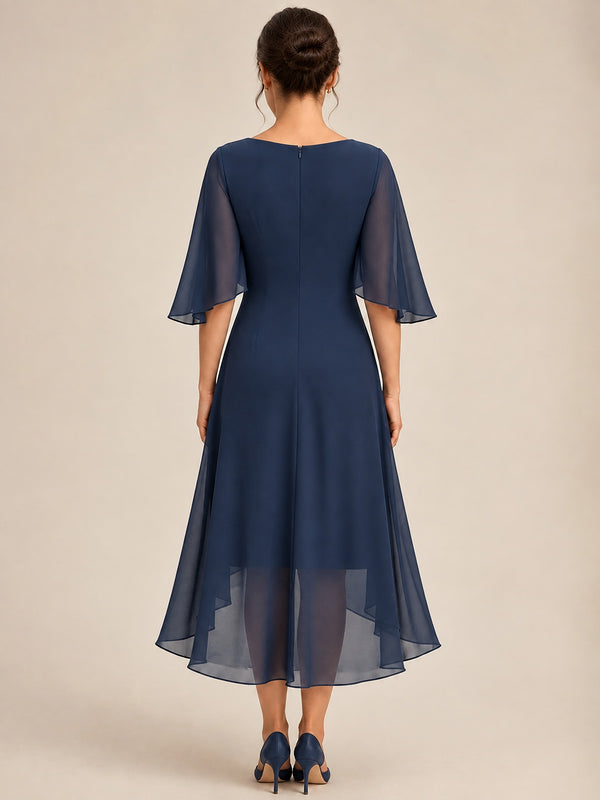 Cowl Neck Ruched Chiffon Mother of the Bride Dresses with Flutter Sleeves