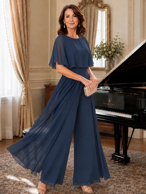 Chiffon Mother of the Bride Jumpsuit with Layered Cape Sleeves