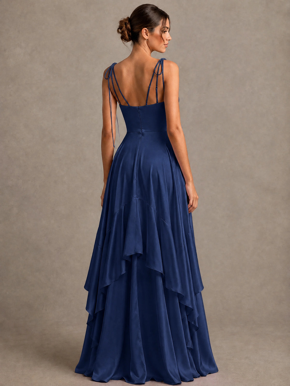 Lavender Satin V-Neck Ruffle Maxi Dress