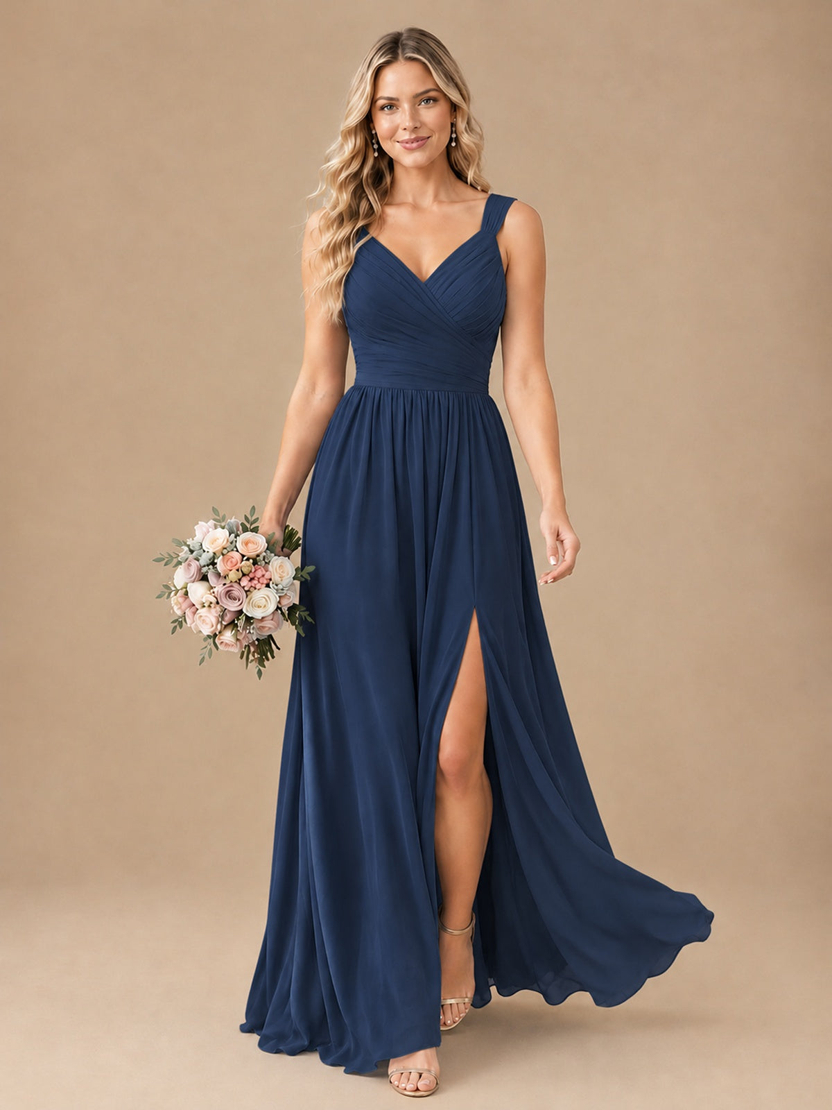 Pleated Chiffon V Neck Wedding Bridesmaid Dresses Floor Length with Slit