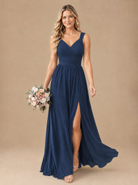 Pleated Chiffon V Neck Wedding Bridesmaid Dresses Floor Length with Slit
