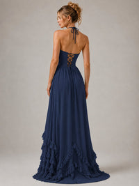 Halter V Neck Chiffon Formal Dress with Lace-Up Back and Ruffle Hem