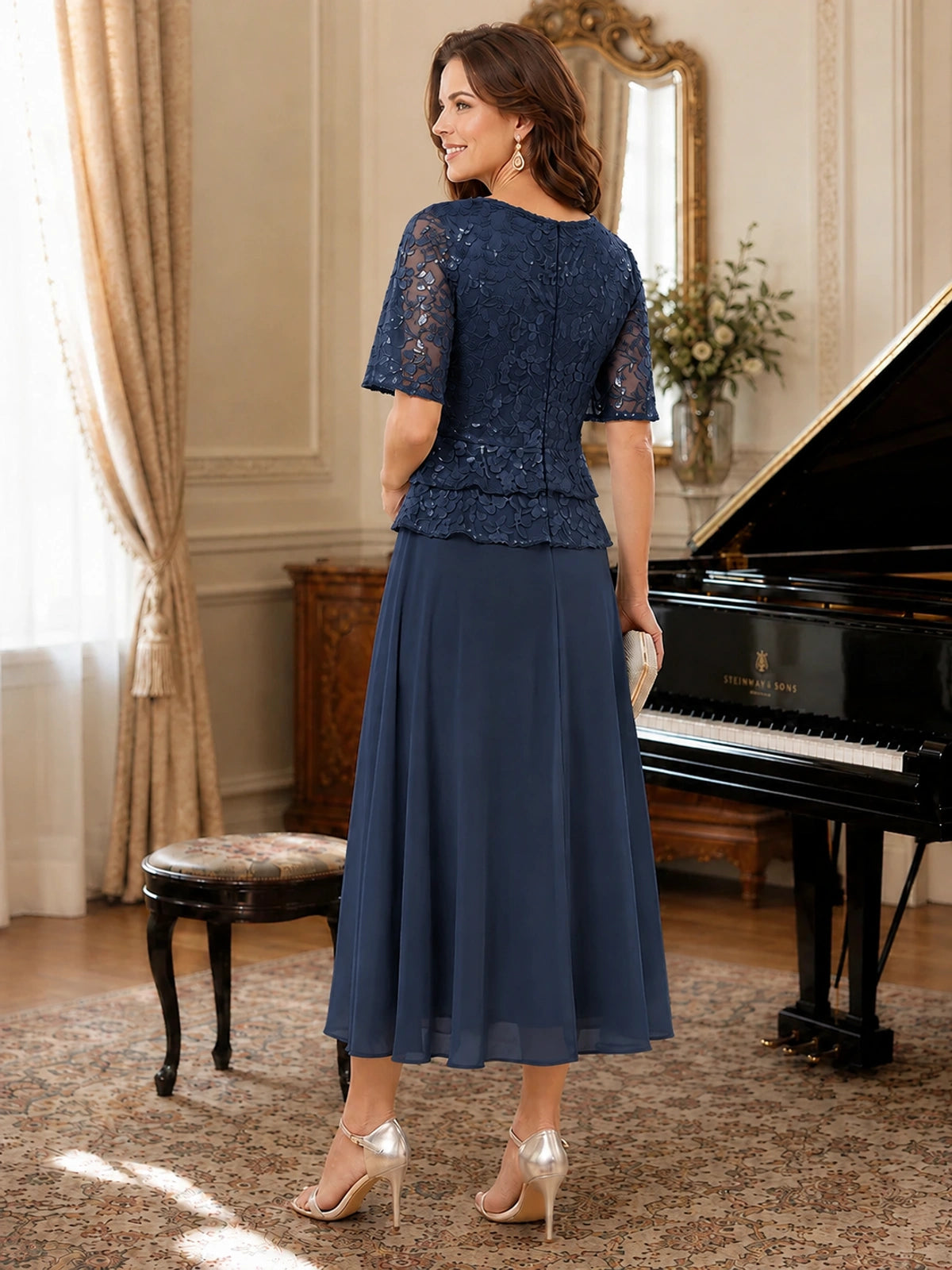 Tea-Length Chiffon Mother of the Bride Dress with Sequin Lace Sleeves