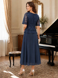 Tea-Length Chiffon Mother of the Bride Dress with Sequin Lace Sleeves
