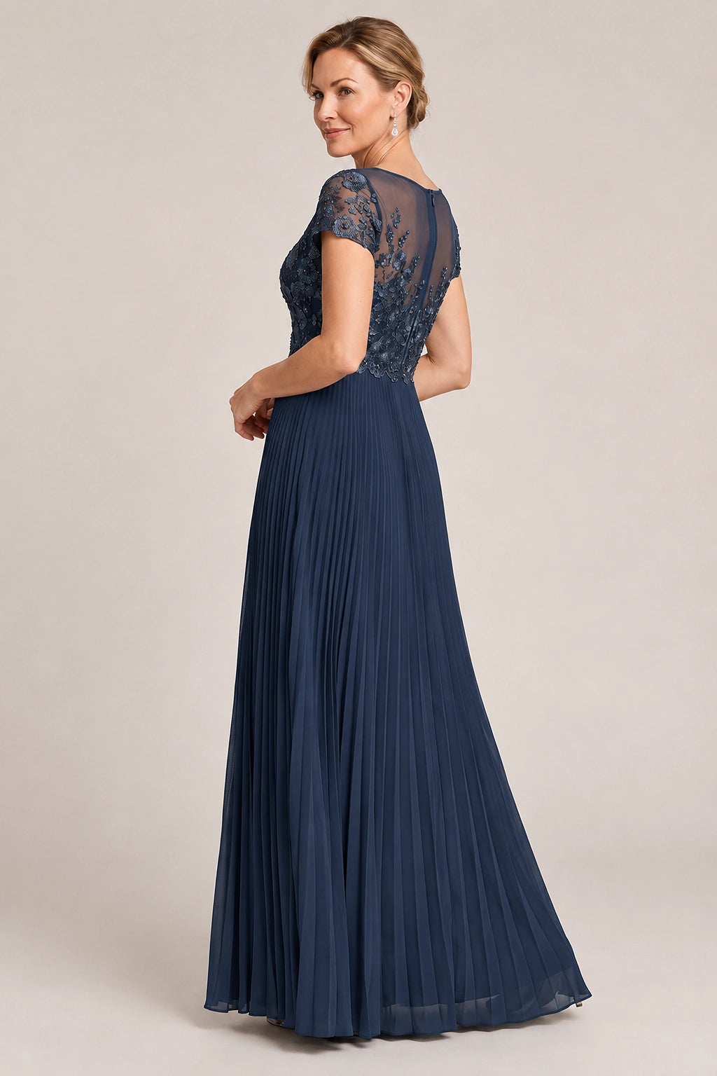 Embroidered Lace Pleated Mother of the Bride Dress