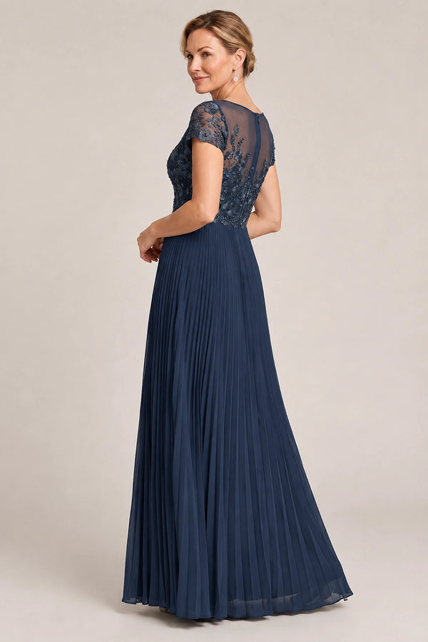 Embroidered Lace Pleated Mother of the Bride Dress