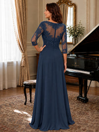 A-Line Chiffon Mother of the Bride Dress with Floral Applique 3/4 Sleeves