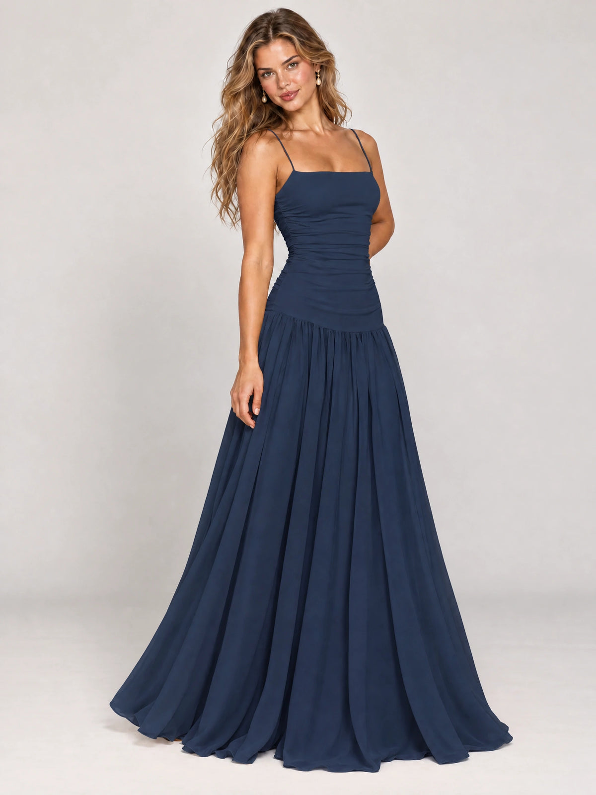 Butter Yellow Ruched Spaghetti Strap Drop-Waist Prom Dress