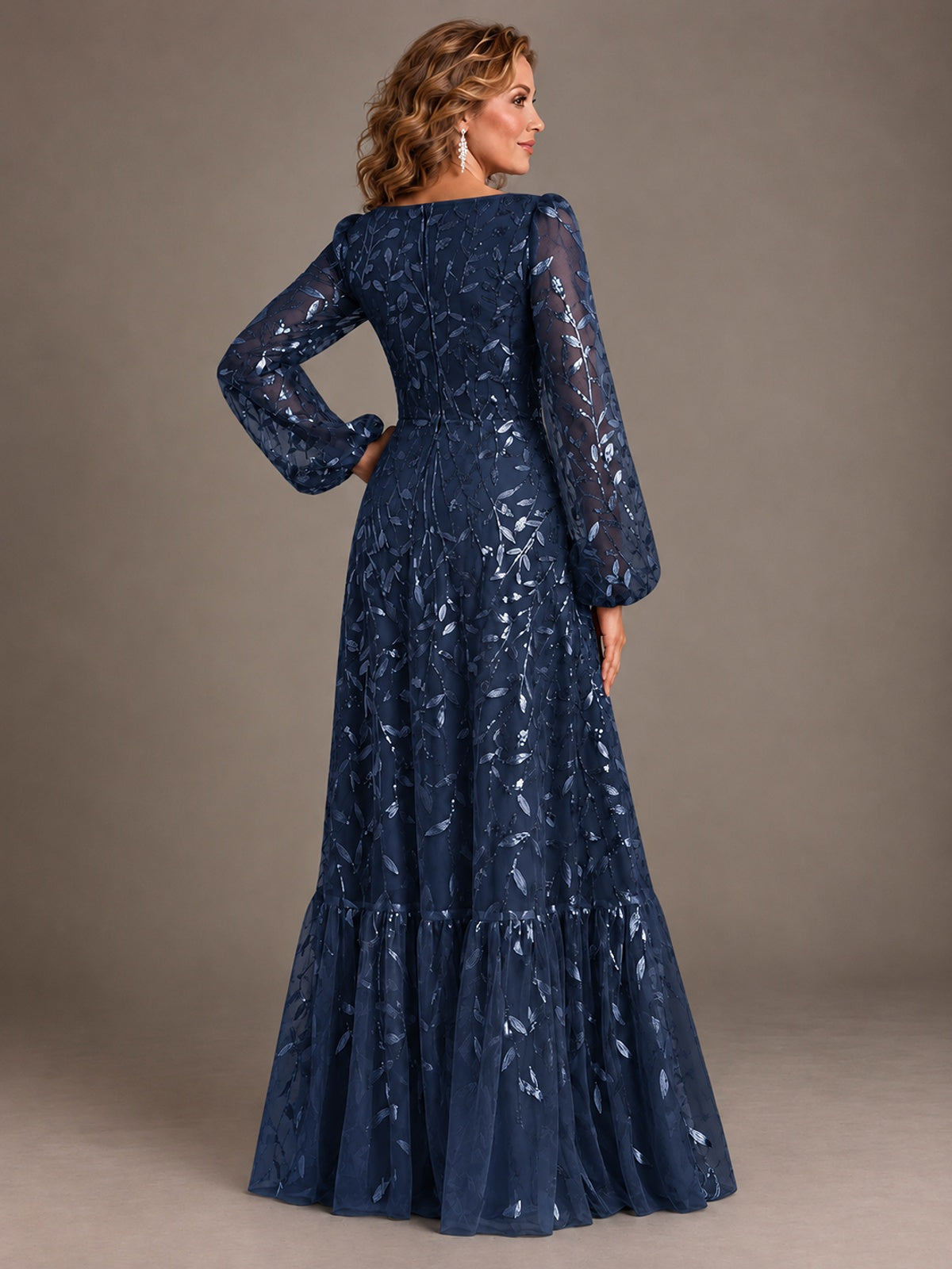 Floral Sequin Embroidered A-Line Mother of the Bride Dress with Long Sleeves