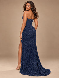 Gold Sequin Strapless Corset Prom Dress with High Slit