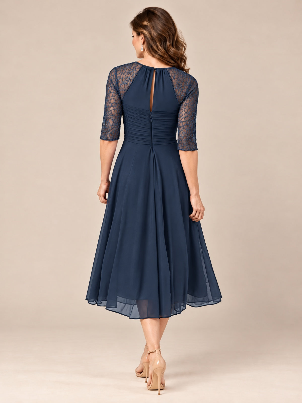 Tea-Length Mother of the Bride Dress with Lace 3/4 Sleeves