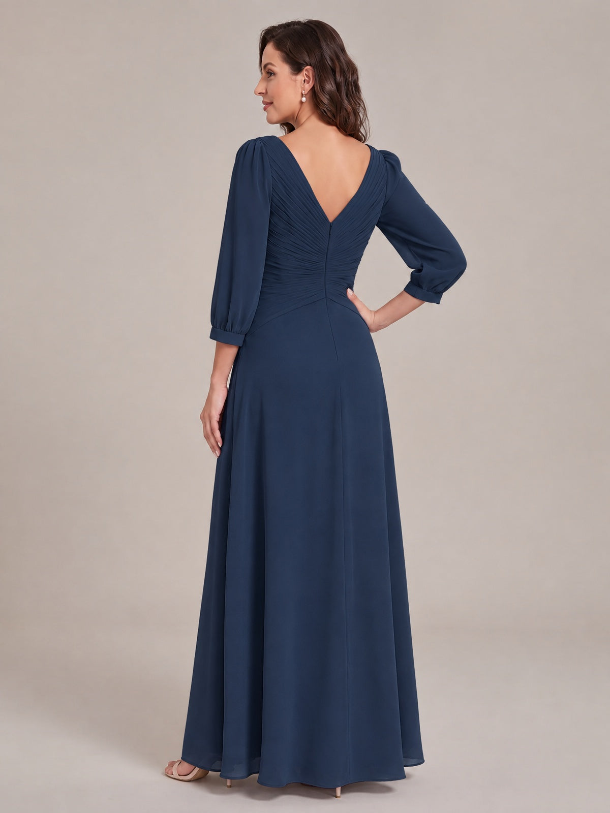 V-Neck Pleated Chiffon Mother of the Bride Dress with Flutter Sleeves