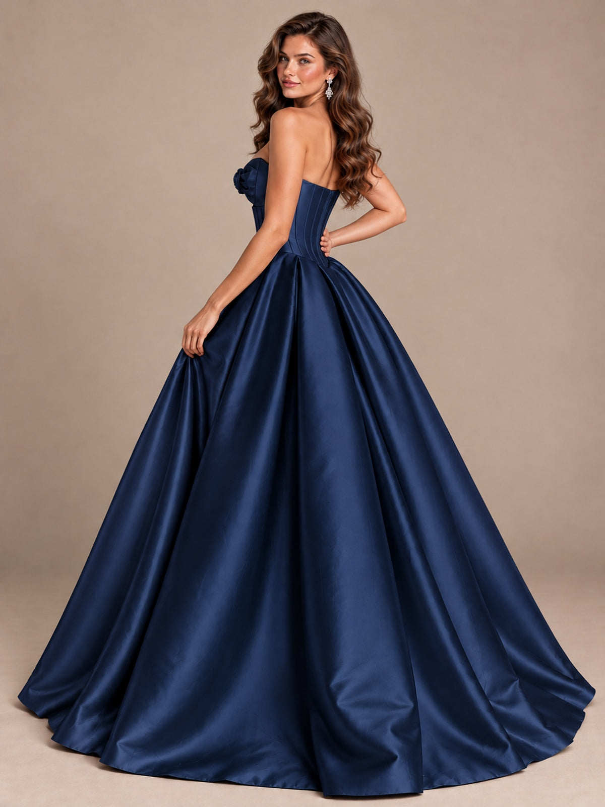 Pink Strapless Corset Satin Prom Derss & Ball Gown with 3D Floral