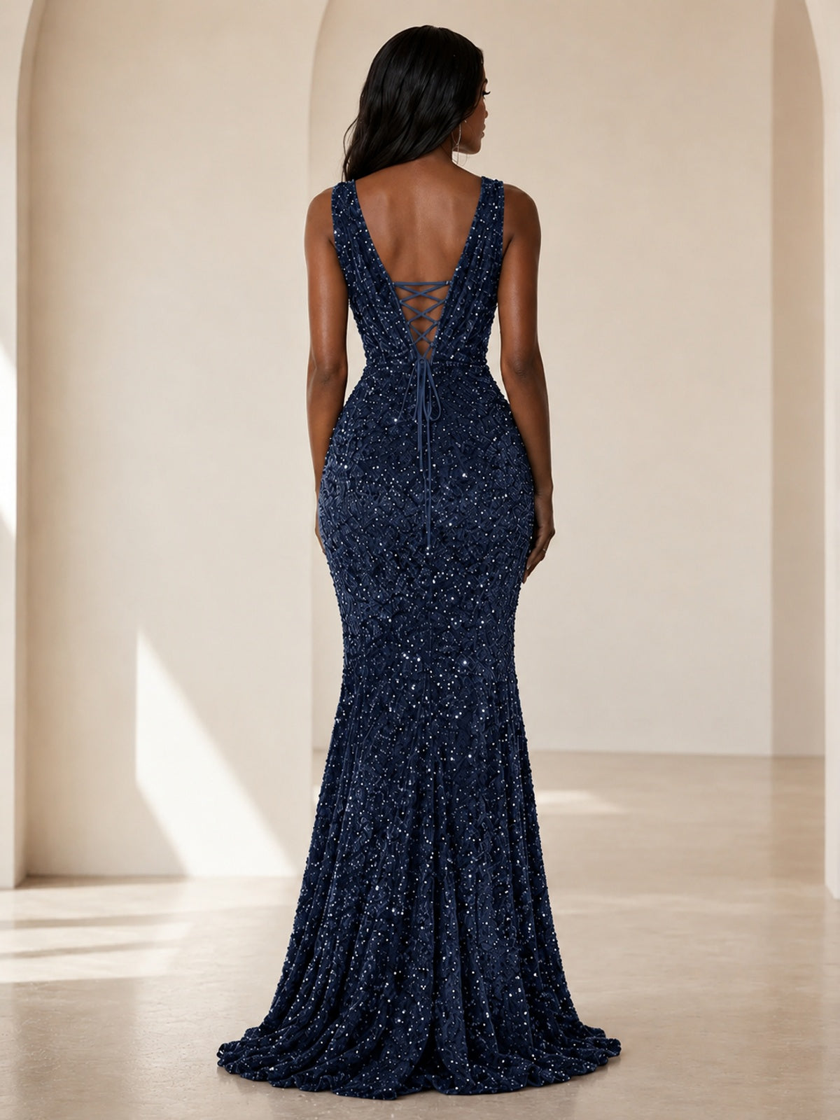Sequin Mermaid Prom Dress with V-Neck and Ruched Waist