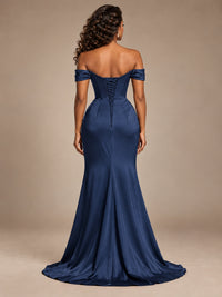 Burgundy Off-the-Shoulder Satin Corset Prom Dress with Slit