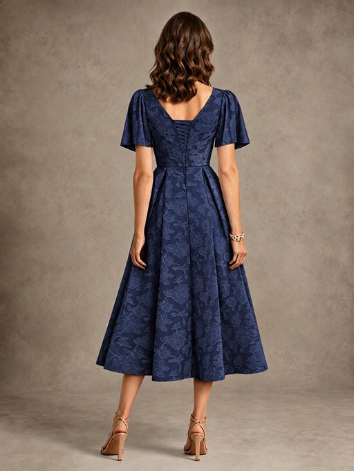 V-Neck Floral Jacquard Tea-Length Mother of the Bride Dress
