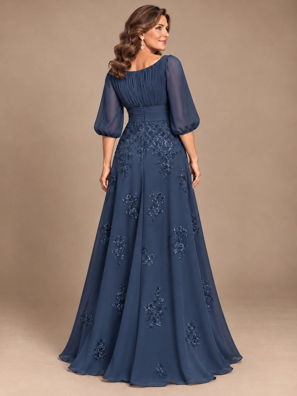 A-Line Mother of the Bride Dress with Sheer Puff Sleeves