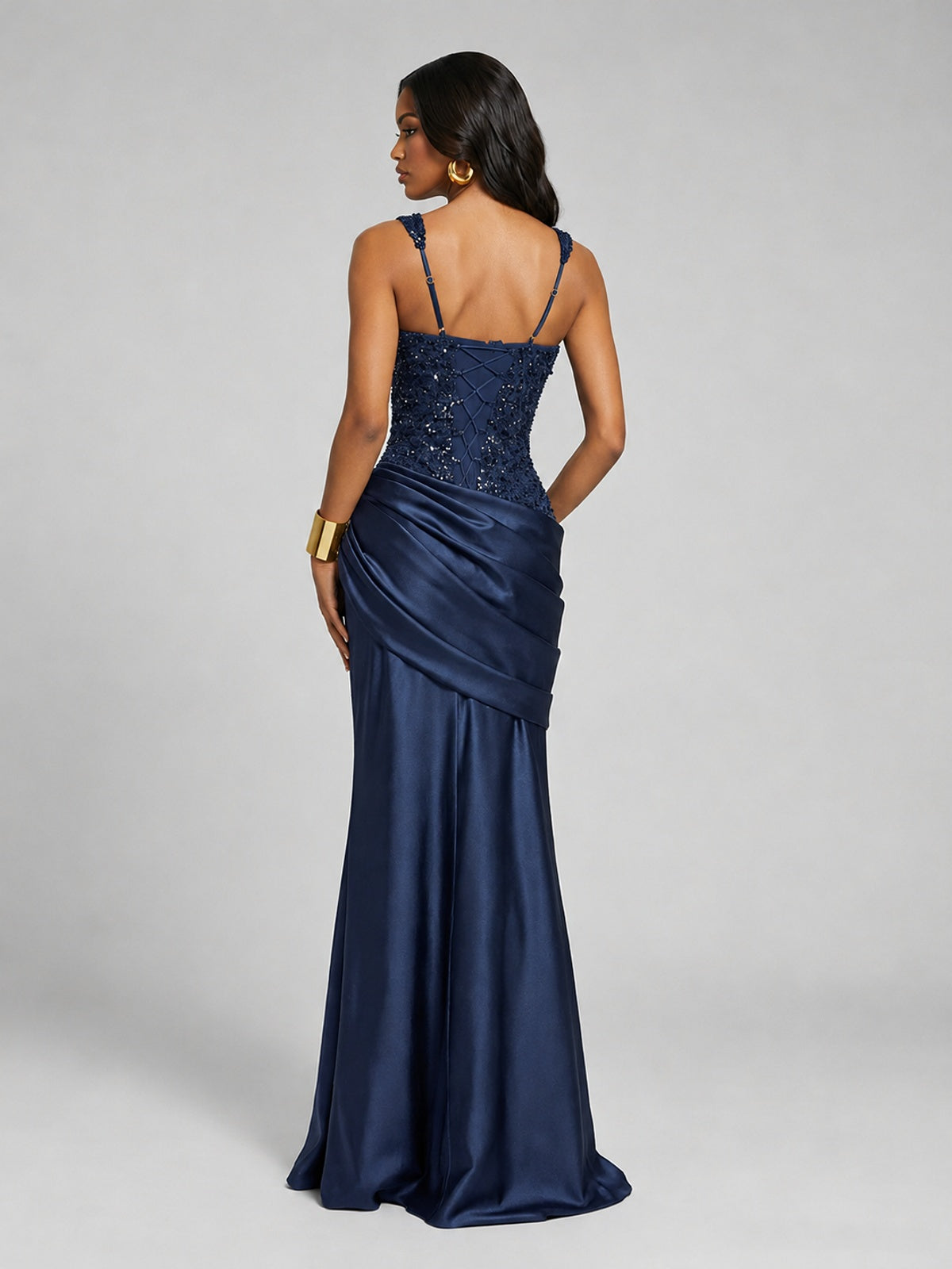 Scoop Neck Sequin Prom Dress with High Slit Satin Formal Gowns