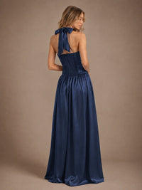 Pink V Neck Halter Satin Maxi Dress