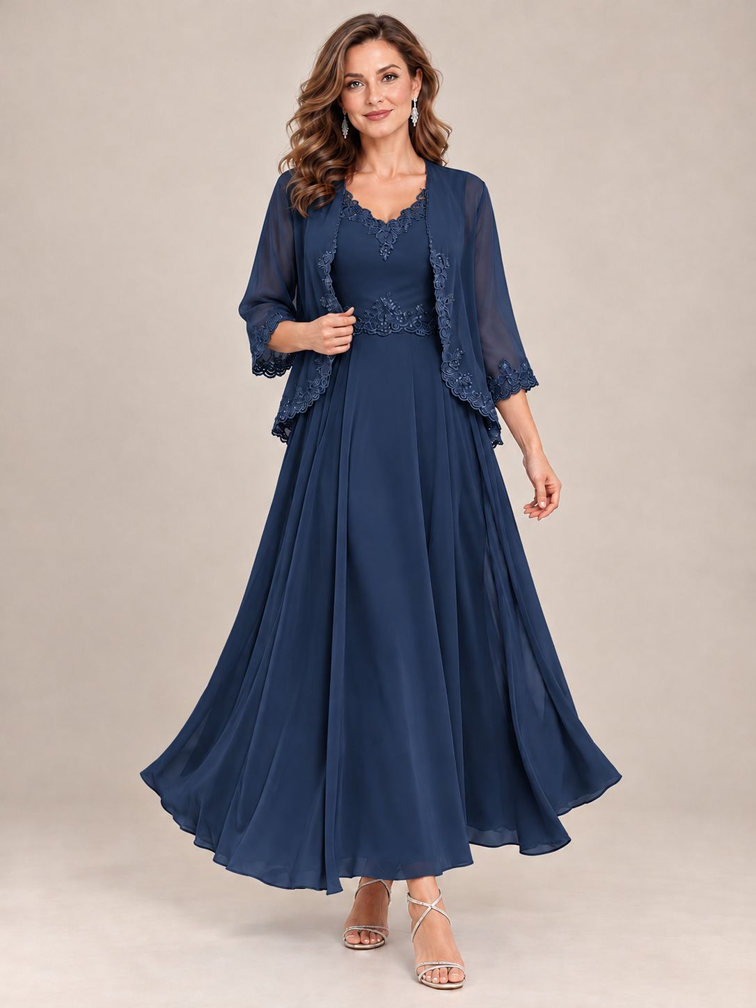 Dusty Blue Floral Lace Chiffon Mother of the Bride Dress with Jacket
