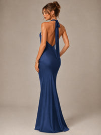 Olive Green Halter Satin Mermaid Maxi Dress