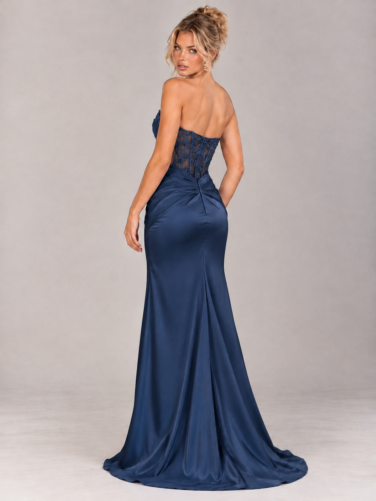 Strapless Satin Prom Dress with Sheer Lace Corset & High Slit