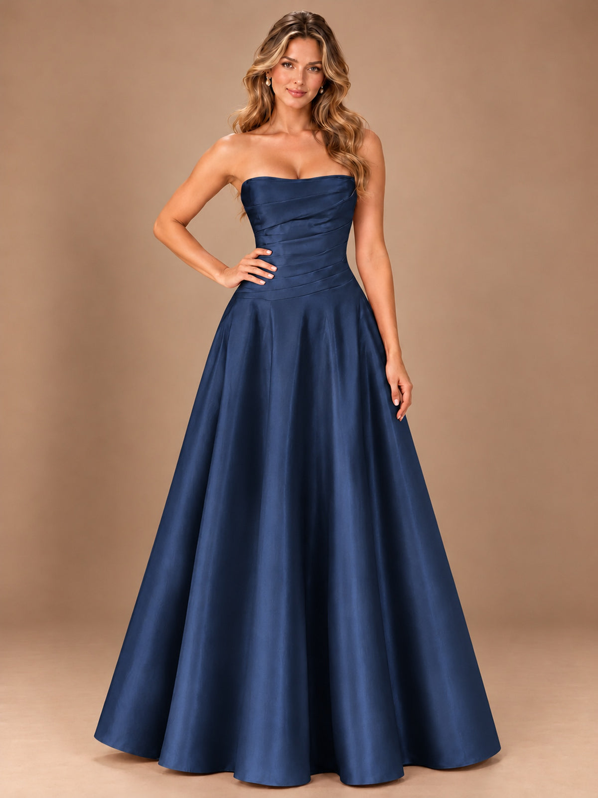 Blush Pink Strapless Satin A-Line Prom Dress with Ruched Bodice