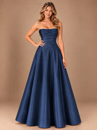 Blush Pink Strapless Satin A-Line Prom Dress with Ruched Bodice