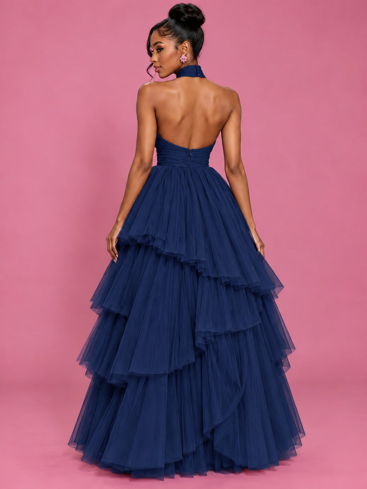 Hot Pink Tulle Halter Neck Tiered Ruffle Maxi Dress