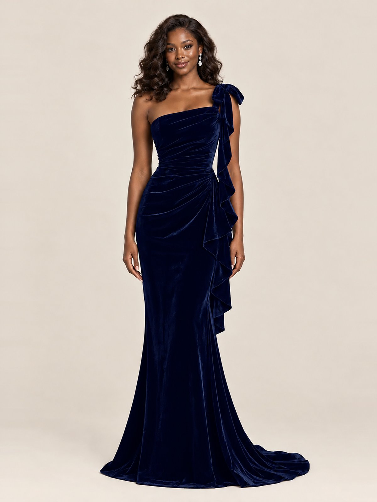 Black Velvet One-Shoulder Mermaid Evening Gown with Bow & Ruffles