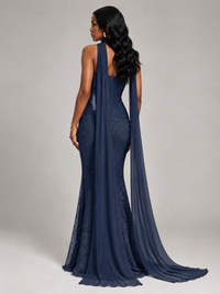 Pleated Chiffon Lace Prom Dresses Long Bodycon Mermaid with Scarf
