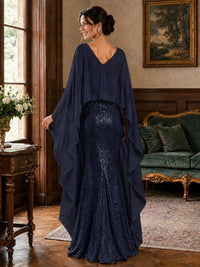 Sequin 2 Pieces Mother of the Bride Dress with Cap Sleeves Chiffon Formal Gowns
