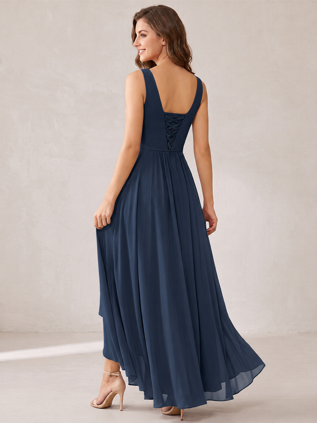 V-Neck High-Low Chiffon Bridesmaid Dress with Ruffles