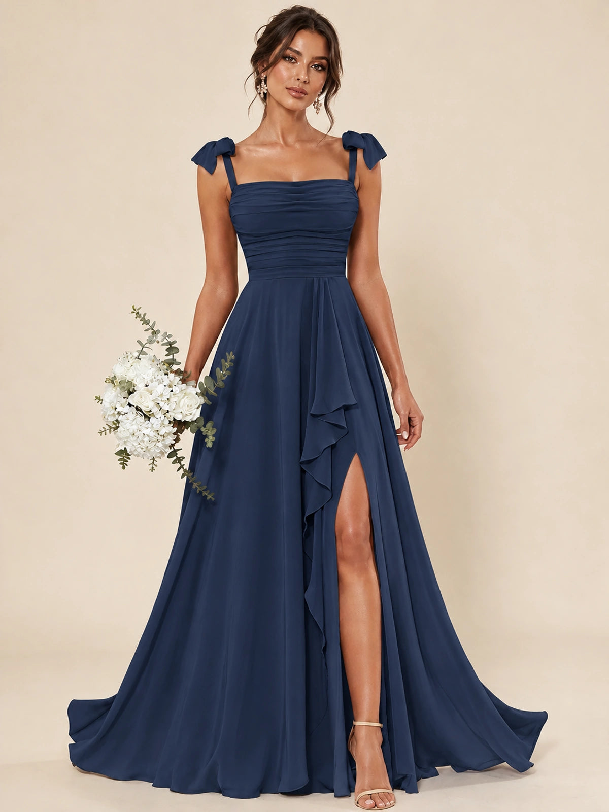 Ruffle Slit Chiffon A Line Scoop Neck Bridesmaid Dresses with Pockets