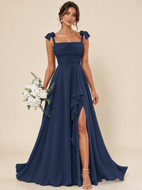 Ruffle Slit Chiffon A Line Scoop Neck Bridesmaid Dresses with Pockets