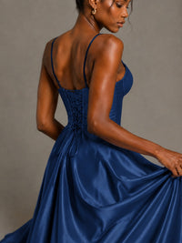 Lavender V Neck Satin Prom Dress with Spaghetti Straps