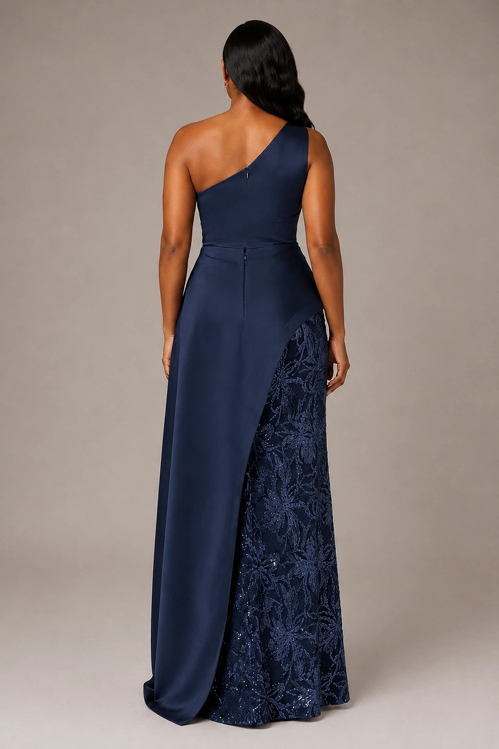 One-Shoulder Mother of the Bride Dress with Sequin Skirt and Peplum