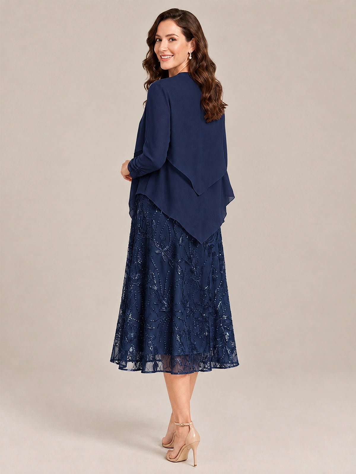 Tea Length Sequin Lace Mother of the Bride Dress with Chiffon Jacket