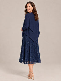 Tea Length Sequin Lace Mother of the Bride Dress with Chiffon Jacket