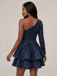 Puffy One Shoulder Sequin Tiered Mini Dress