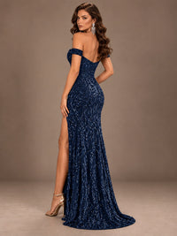 Off the Shoulder Corset Sequin Mermaid Prom Dress with Slit