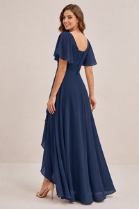 Dusty Blue Chiffon Bridesmaid Dress with Flutter Sleeves & High-Low Hem