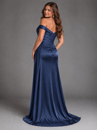 Off Shoulder Satin Maxi Dress with Slit
