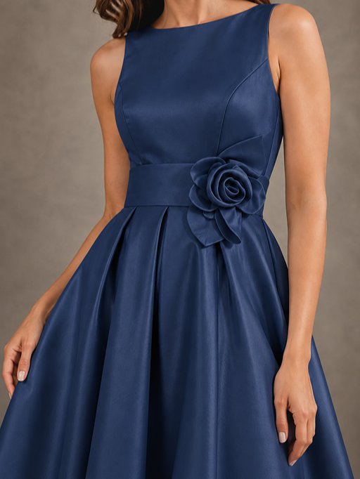 Tea-Length Satin Mother of the Bride Dress with 3D Flower Detail