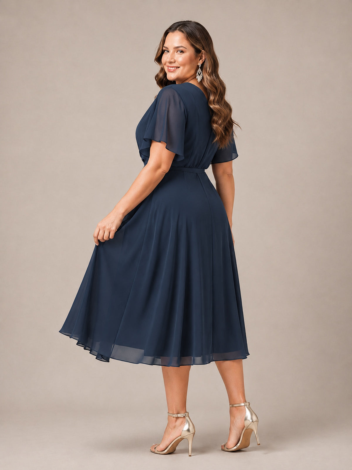Navy Blue A-Line V-Neck Tea-Length Mother of the Bride Dress