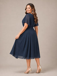 Navy Blue A-Line V-Neck Tea-Length Mother of the Bride Dress