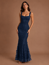 Floral Applique Mermaid Formal Dress with Lace-Up Back